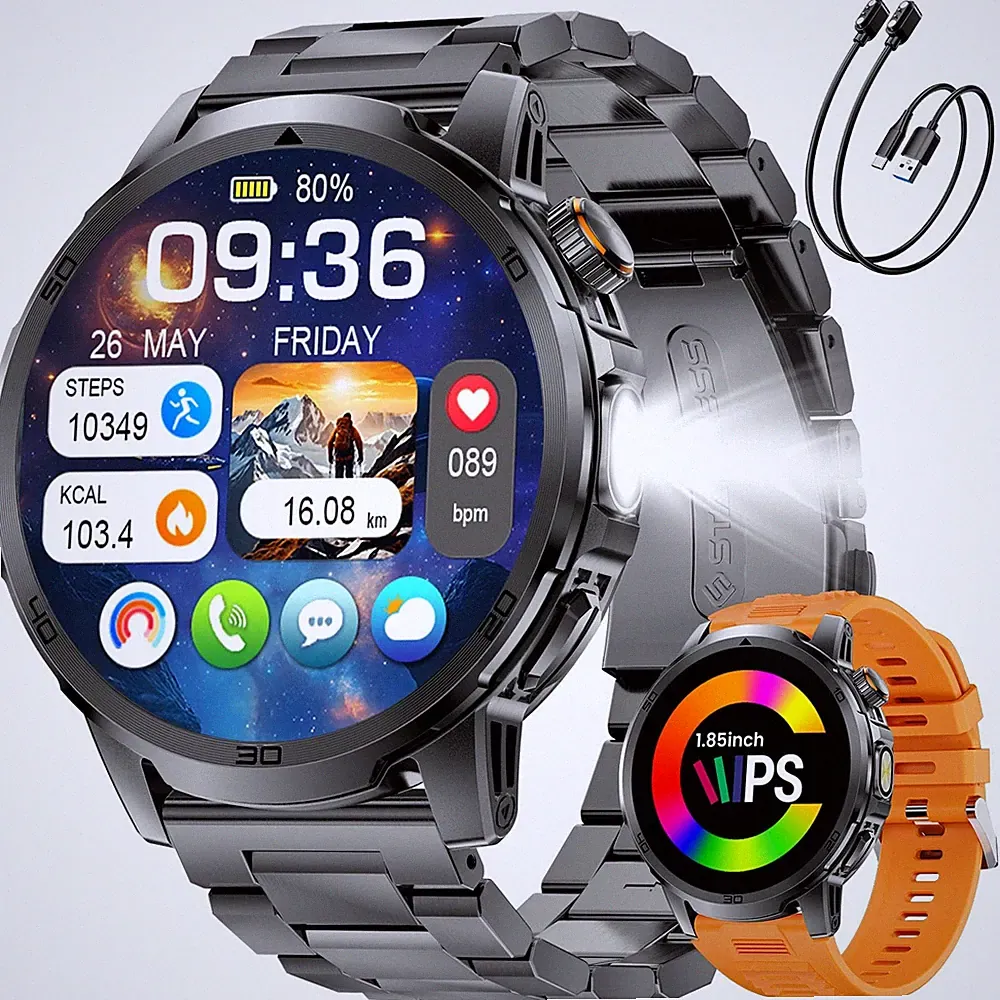 1,85'' Smartwatch Herren Militär Telefonfunktion, 1000mAh, Taschenlampe