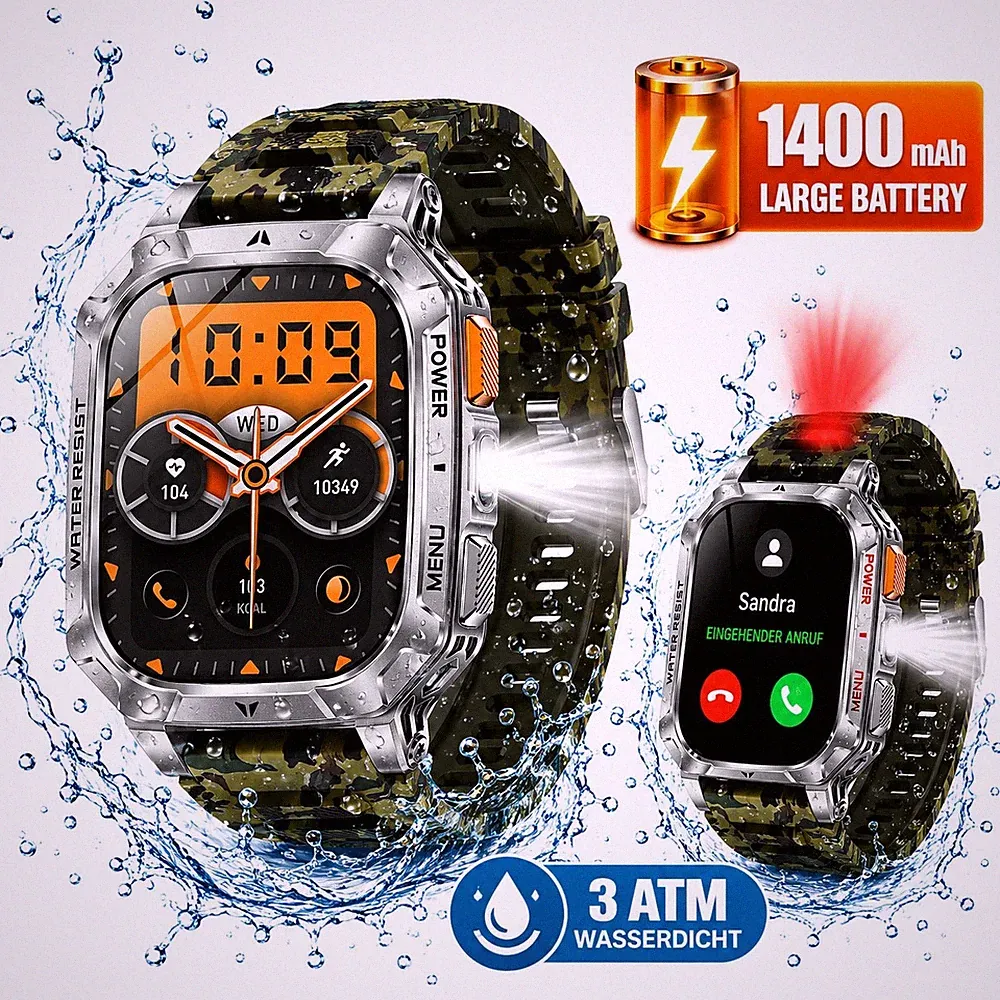 2.01" HD Militär Smartwatch 3ATM Android iPhon LED 1400 mAh Fittness Schlaf SOS