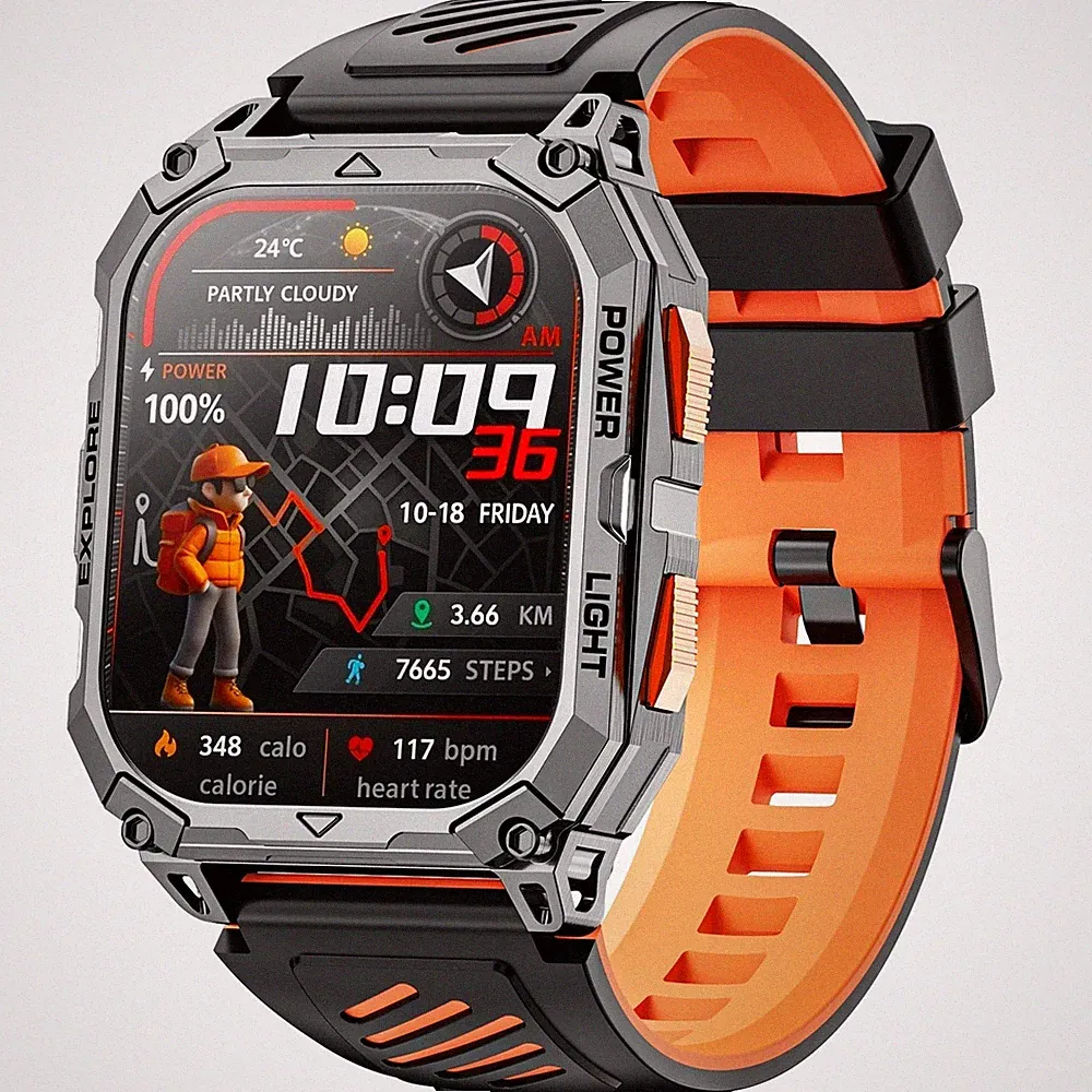 2.01" HD Militär Smartwatch Herren Android iOS Fitness Uhr 1000mAh Akku 2 Armbän