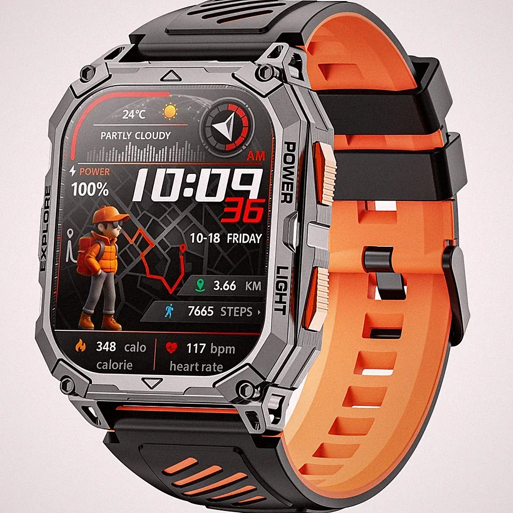 2.01"HD Smart Watch für Android iOS mit Fitness Militärsportuhr 1000mAH 2 Bänder