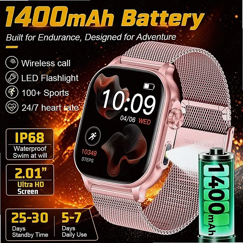 2,01" HD Smartwatch Damen Frauen Bluetooth Anrufe Sport 1400mAh für Android iOS