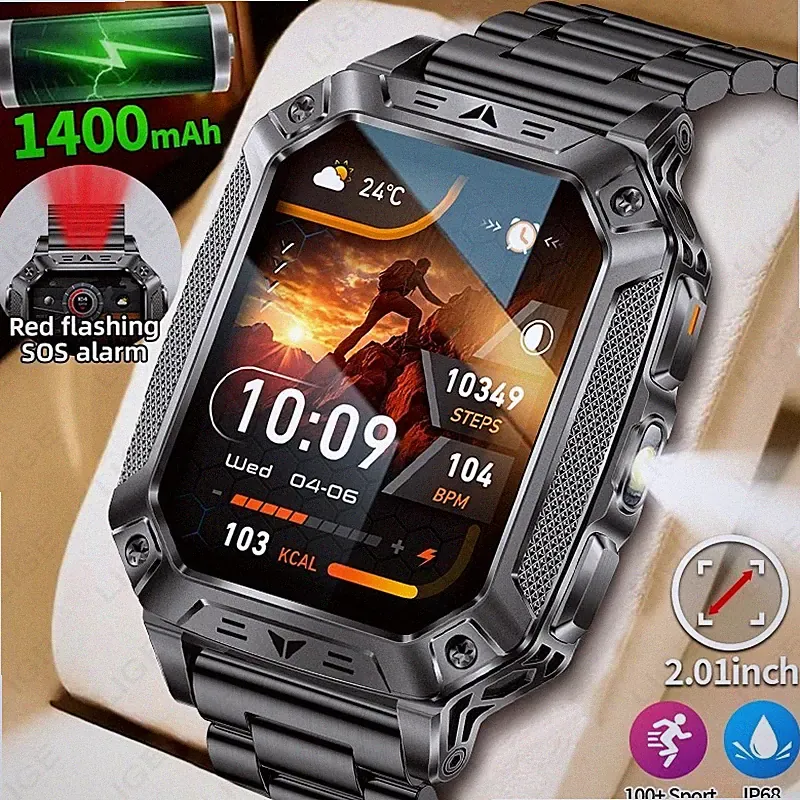 2,01" Smartwatch Herren Bluetooth Anrufe LED Taschenlampe Herzfrequenz Fitness