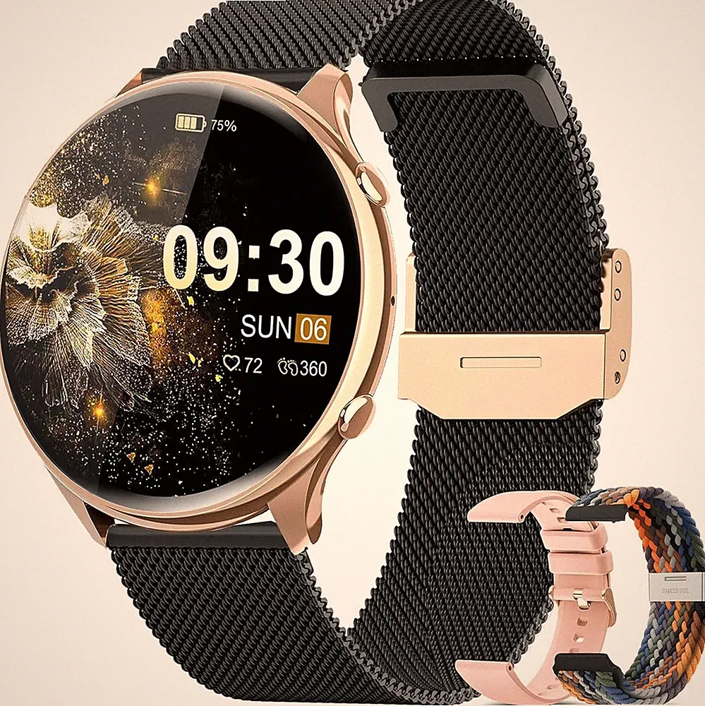 2024 Smartwatch Damen Wasserdicht Sport Uhr Fitnessuhr Schrittzähler Gold Black