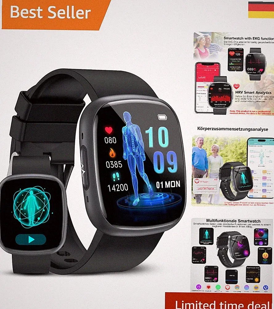2025 Neu Smartwatch mit EKG+HRV/BMI, 1.72'' HD Gesundheitsuhr mit 24H Herzfre...