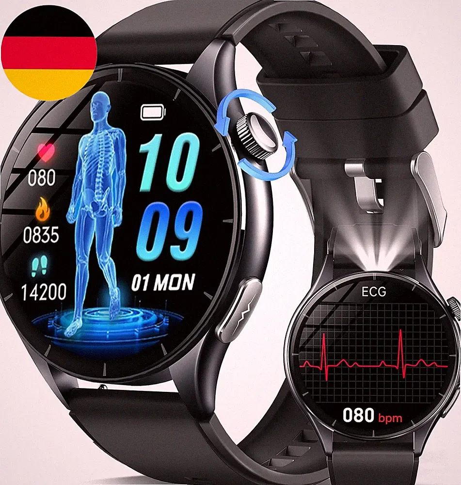 2026 Neu Smartwatch Herren Mit Ekg/Blutdruck/Hrv/Harnsäure/Schlaf/Led-Licht