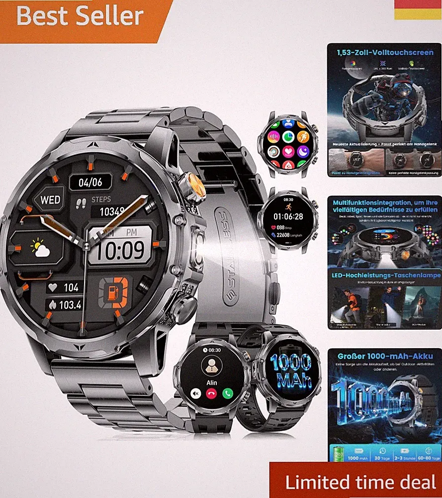 2026 Smartwatch Herren Militär-1,53‘’ IPS HD Display/1000mAh Akku/LED-Lampe/S...