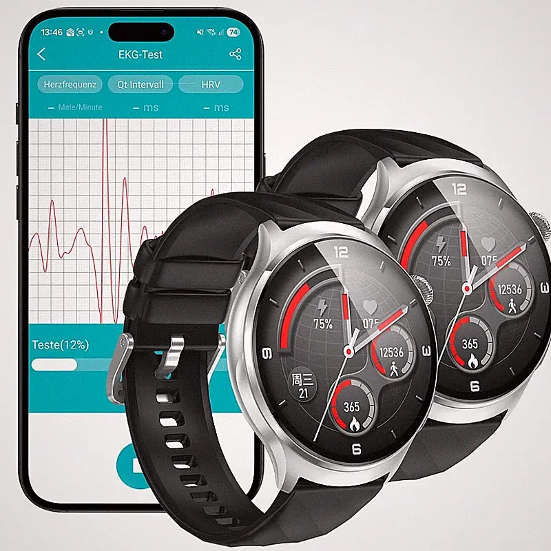 2er-Set Vitaluhren mit Bluetooth, EKG-Anzeige, Telefon, App, AMOLED