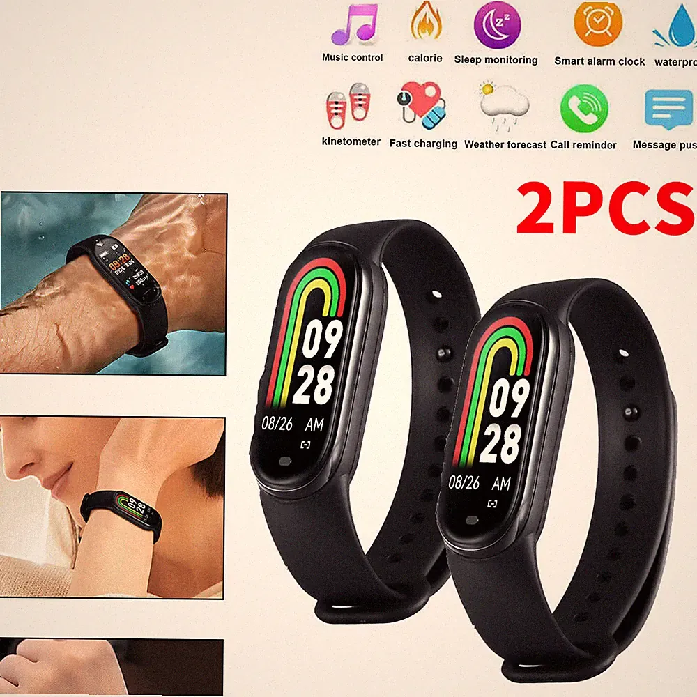 2PCS BT Smartwatch Fitnessuhr Armband Tracker Sport Schrittzähler Wasserdicht