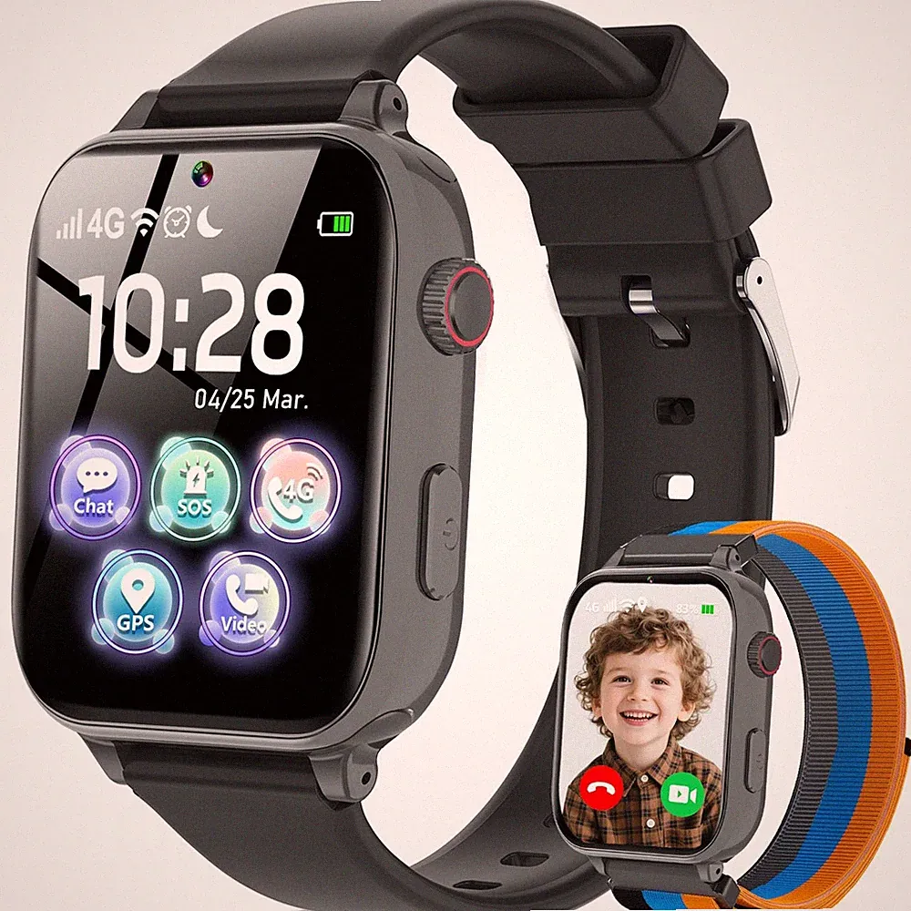 4G GPS Kinder Smartwatch mit Videoanruf, SOS, Schulmodus & Spielen, Schwarz