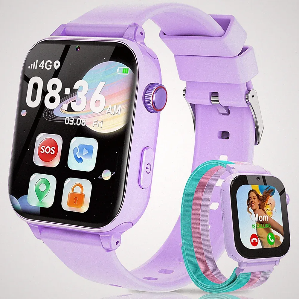 4G Smartwatch Kinder GPS, Videoanruf, SOS & Spiele für Jungen & Mädchen Lila