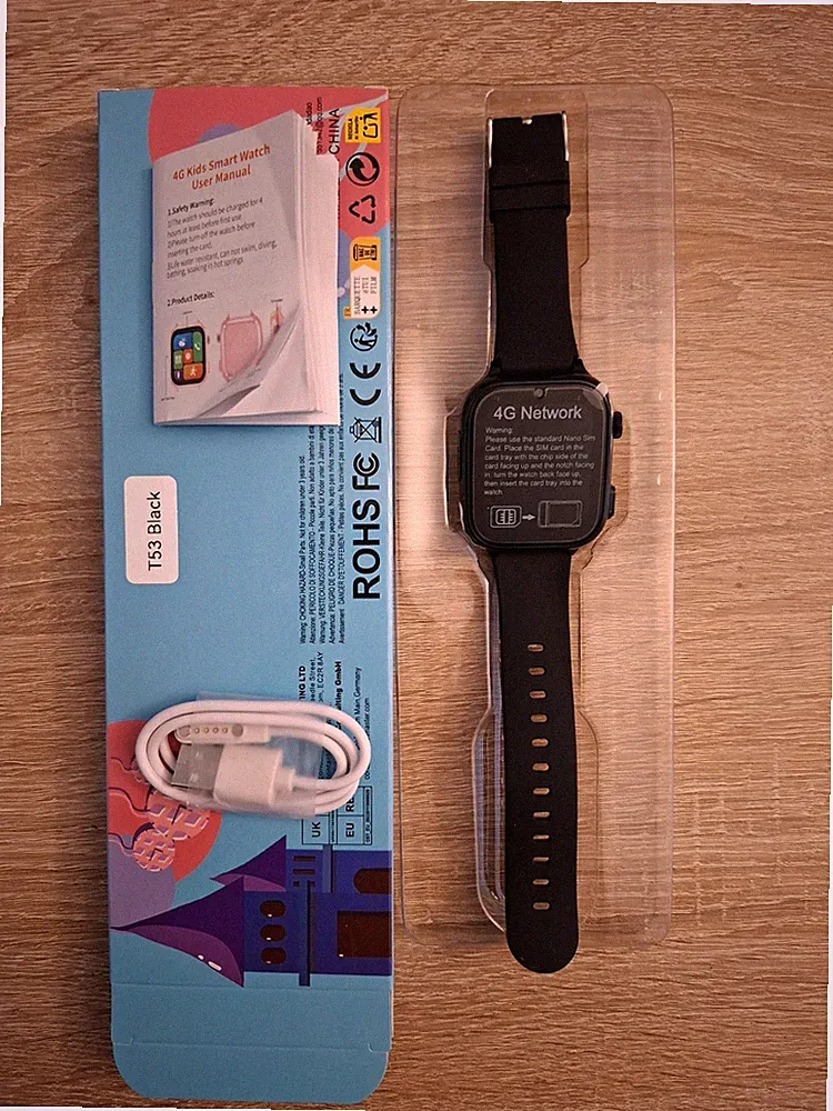 4G T53 Black Smartwatch Kinder GPS Tracker SOS Telefon Uhr -Ausgepackt Aber neu