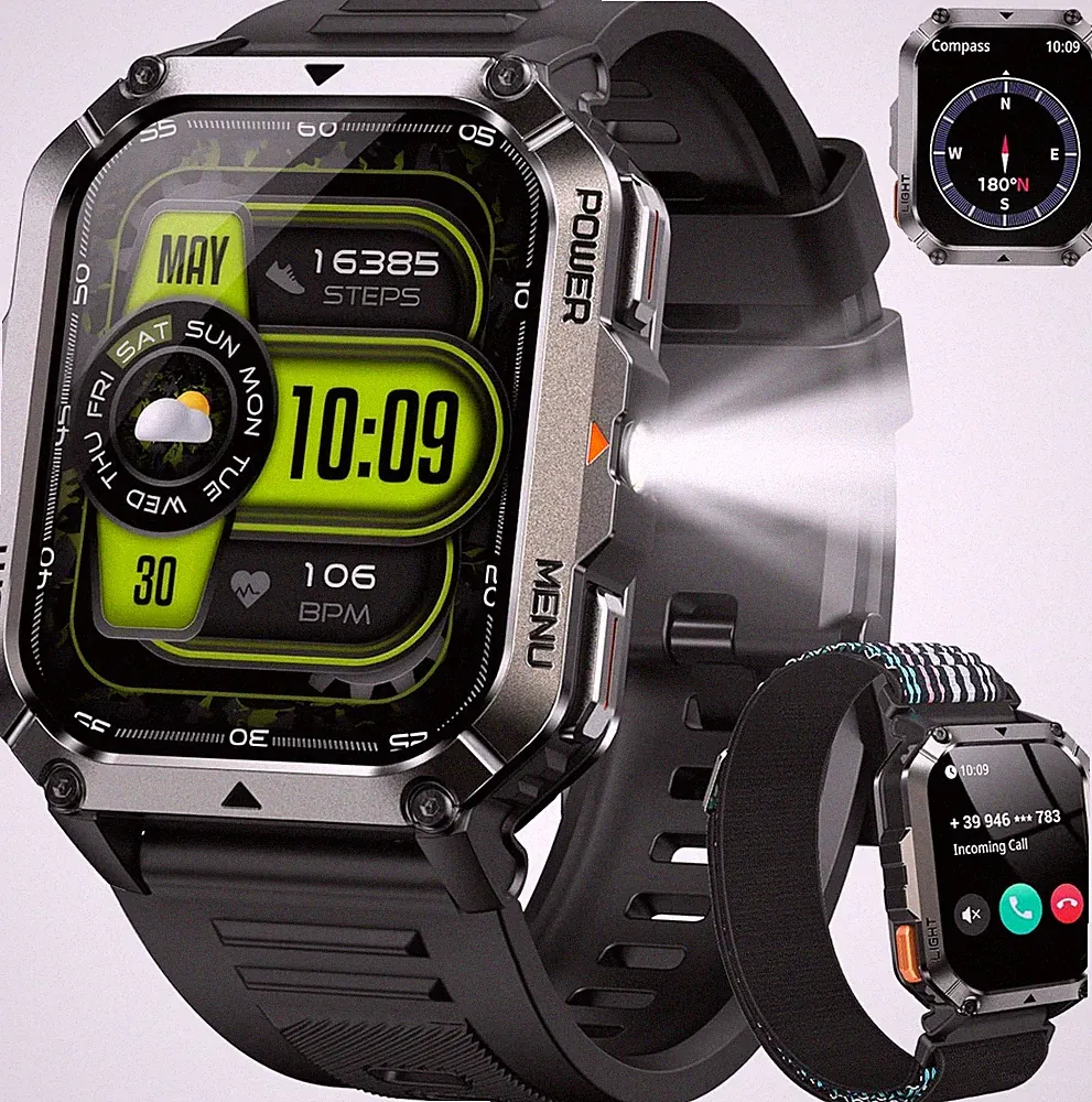 900mAhMilitär Smartwatch Herren mit LED Taschenlampe & Kompass Bluetooth Anrufe