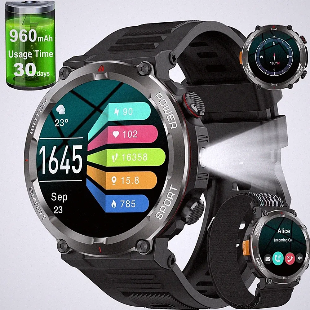 960mAh Militär Smartwatch Herren mit Telefonfunktion Kompass Uhr für Android iOS