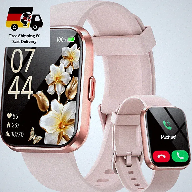 Aeac Smartwatch Damen 1,85" mit Telefonfunktion, 120 Sportmodi, Rosa, 10 Tage