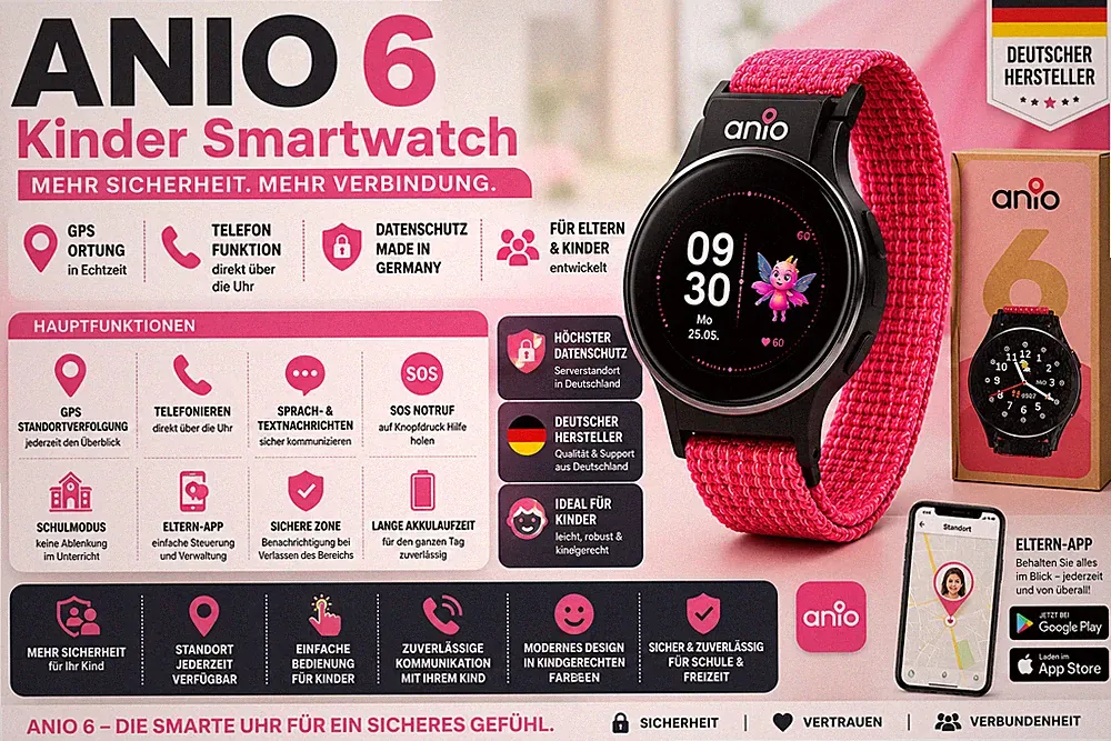 ANIO 6 Smartwatch für Kinder, GPS und Telefonfunktion, Dt. Hersteller, Datensch