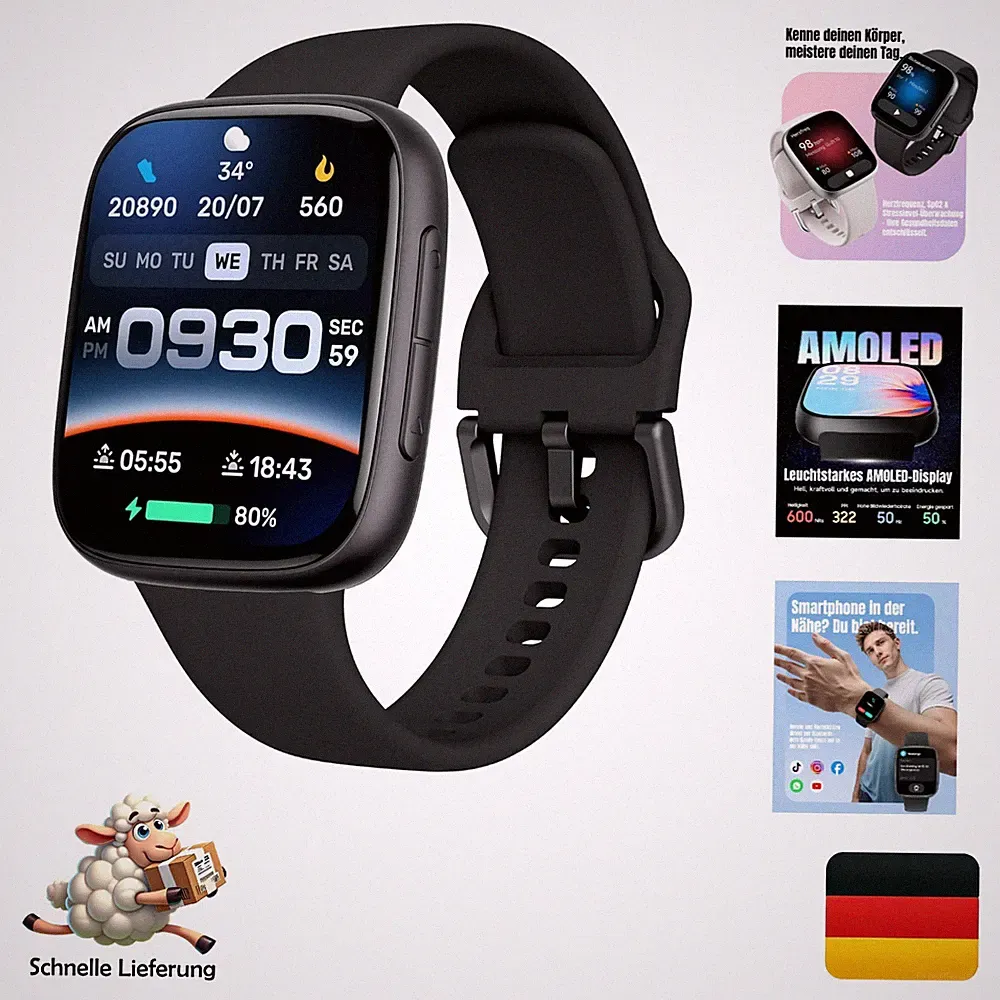 Antfit Smartwatch Damen Herren AMOLED Display 3ATM Fitnessuhr mit Telefonfun...