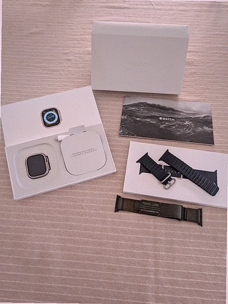 Apple Watch Ultra 49 mm Titan Smartwatch grau, schwarzes Silikonarmband