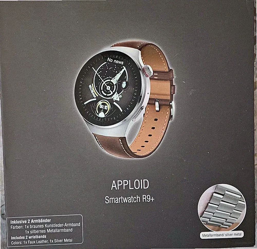 Apploid Smartwatch 45mm silber Gehäuse Lederarmband braun Android