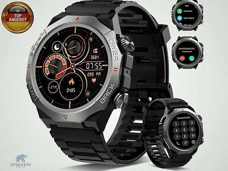 Atheewon Militär Smartwatch Herren Damen mitTelefonfunktion, Schwarz | 1,39"