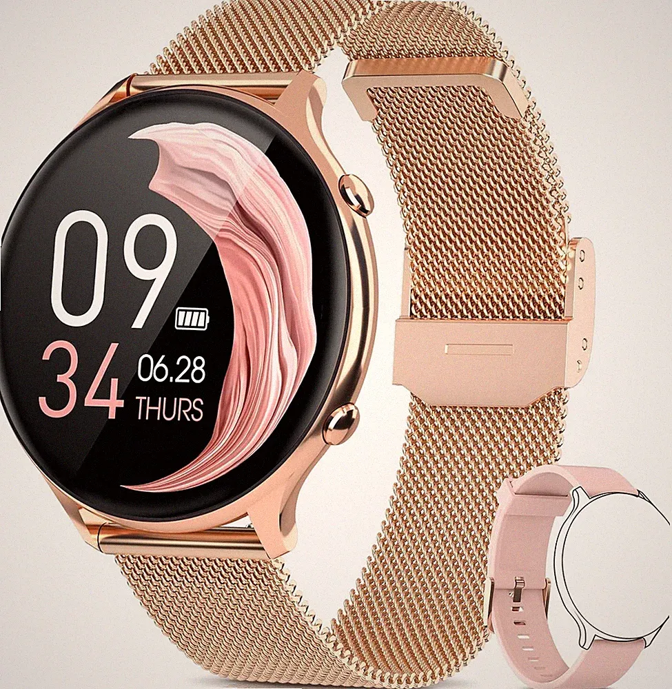BANLVS Smartwatch Damen, 1,28 Zoll Fitness Tracker Armbanduhr gold + 2. Armband