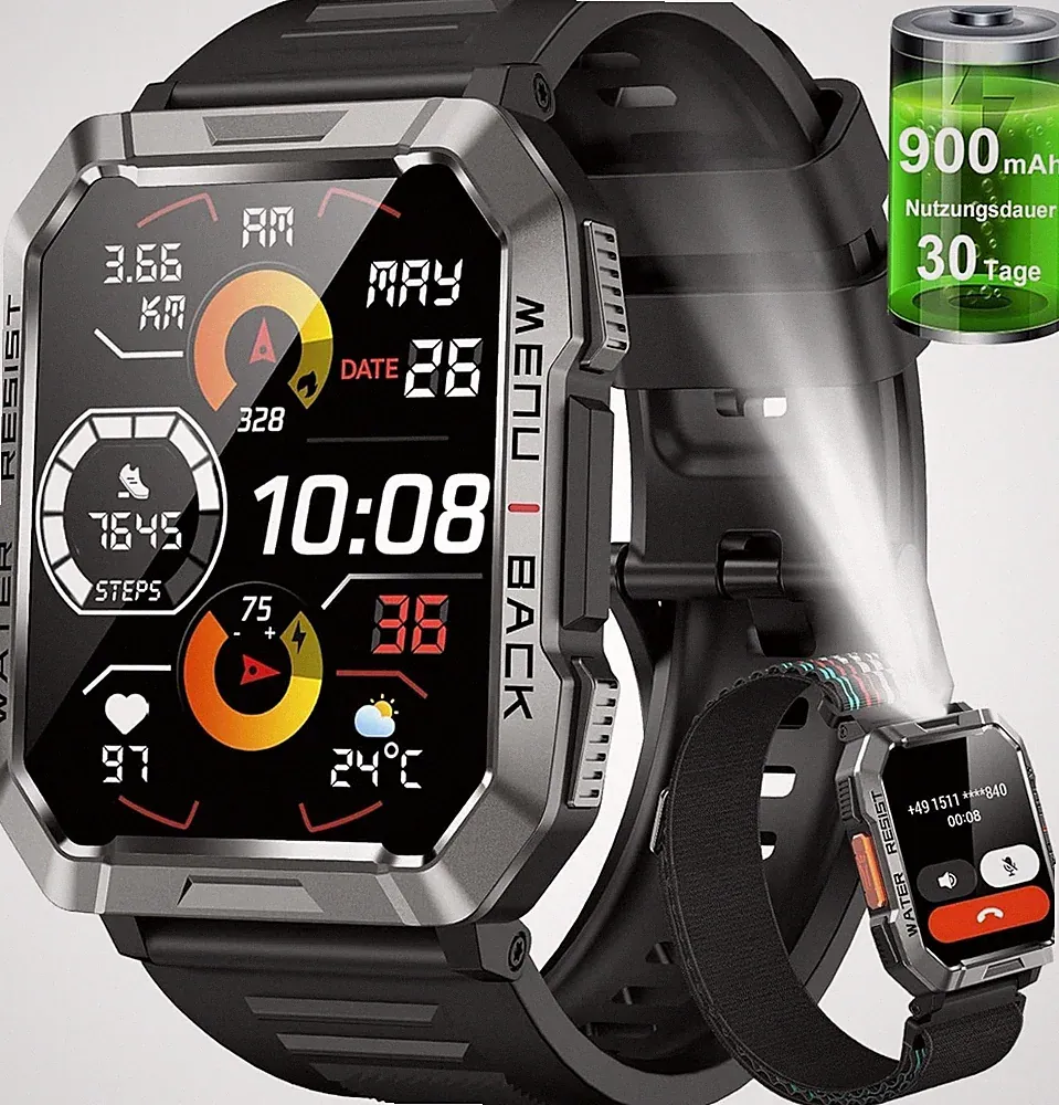 Blackview Militär Smartwatch Herren mit LED Taschenlampe, Bluetooth-Anrufe Uhr