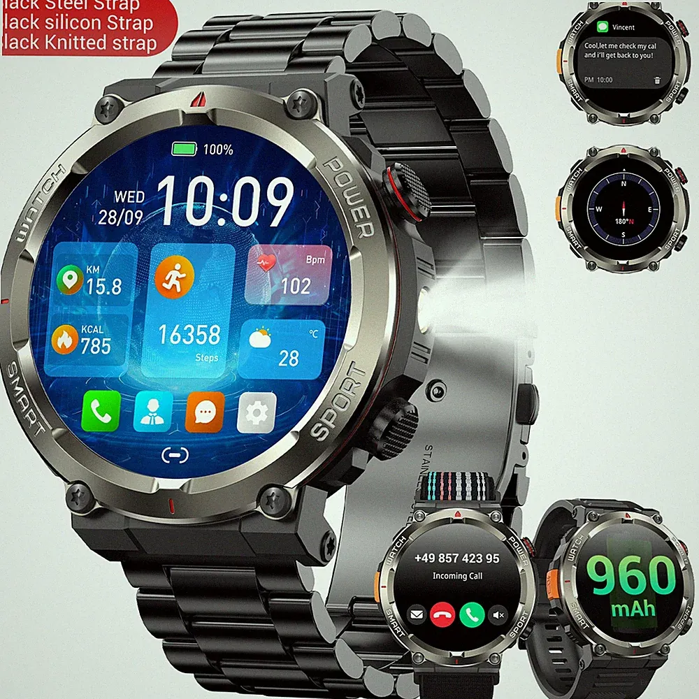 Blackview Militär Smartwatch Herren mit Telefonfunktion Armbanduhr 3 Armbänder