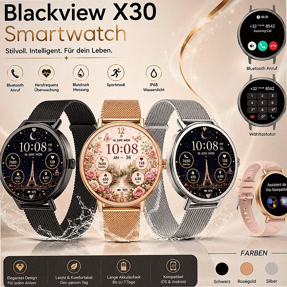 Blackview Smartwatch Damen, 1,26 Zoll Runde Fitnessuhr mit Pulsmesser, Schlafmon