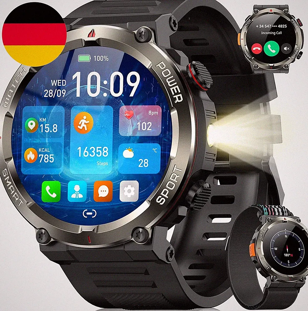 Blackview Smartwatch Herren, Beleuchtung, Kompass, IP68 Wasserdicht, 100 Tage Ak