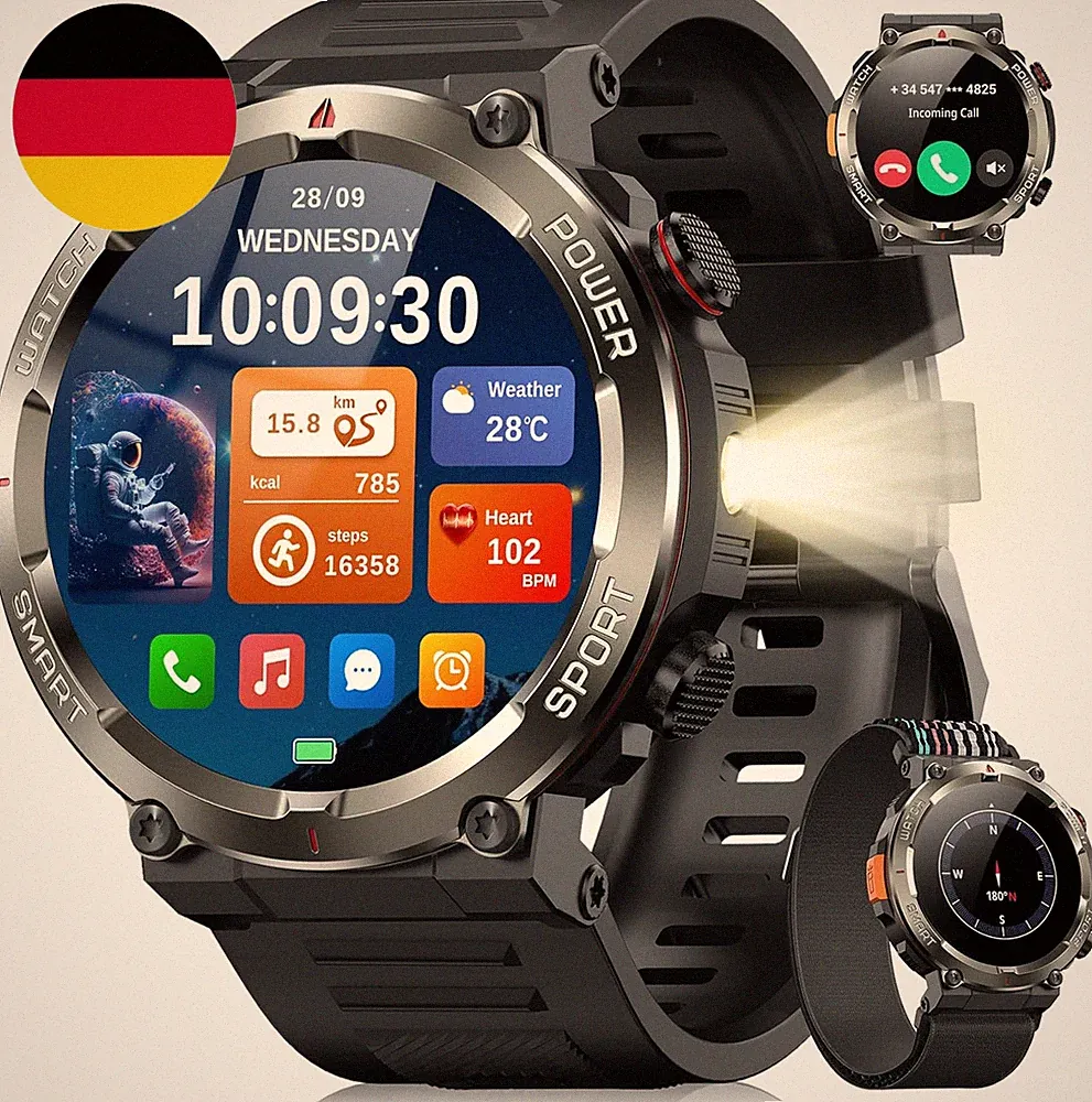 Blackview Smartwatch Herren Mit 1,45'', Led-Beleuchtung | 100 Tage Akku, Kompass