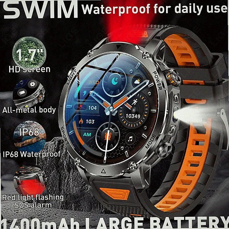 Bluetooth Smartwatch Herren mit Fitness Herzfrequenz Pulsuhr Wasserdicht 1400mAh