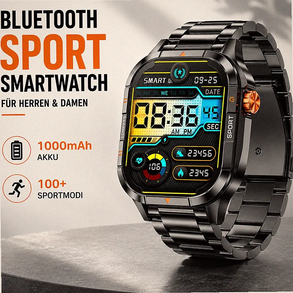 Bluetooth Sport Smartwatch für Herren Damen 1000mAh Akku Fitness Tracker Uhr