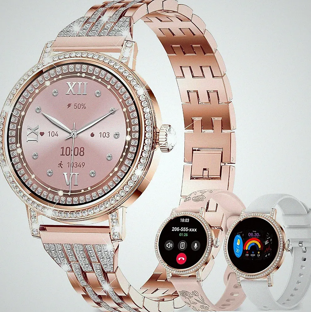 Damen Smartwatch Diamond Telefon 3 Armbänder IP68 Fitnessuhr Rose Gold