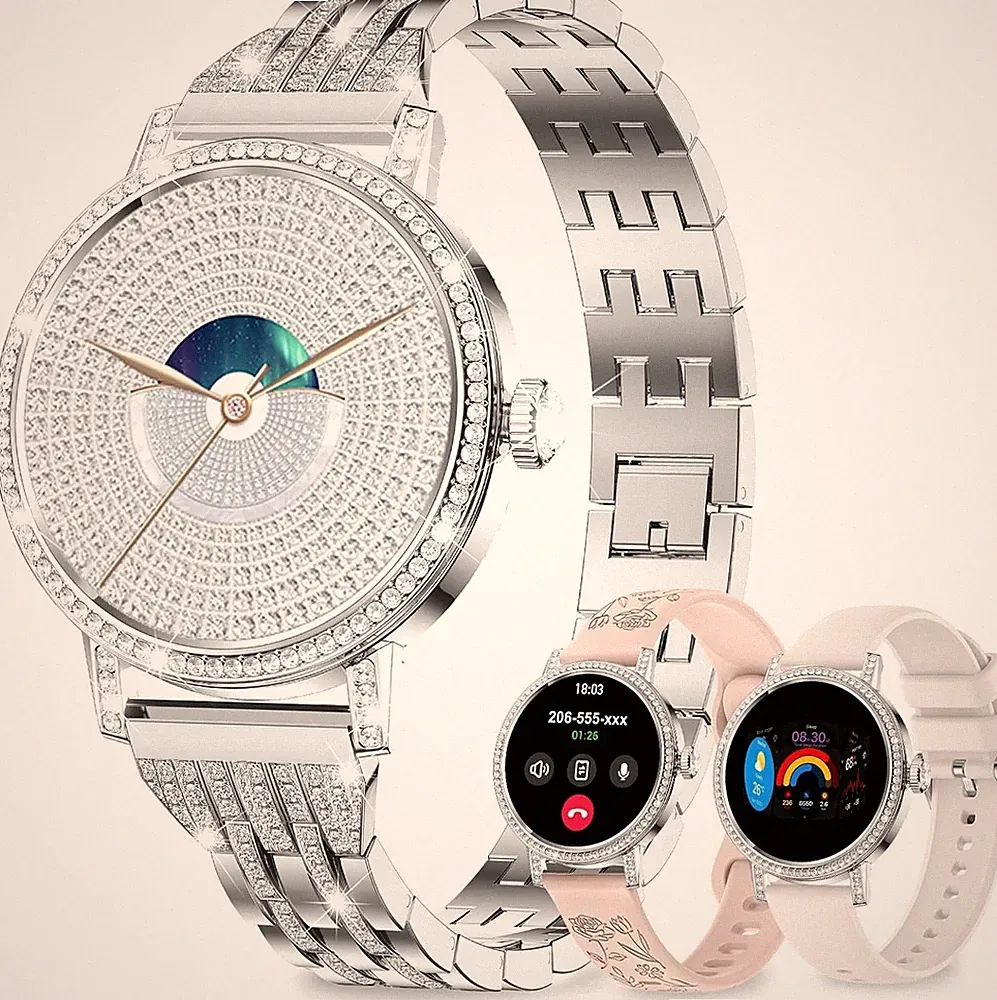 Damen Smartwatch Diamond Telefon 3 Armbänder IP68 Fitnessuhr Silber