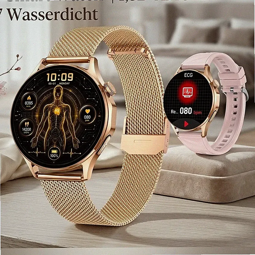 Damen Smartwatch ECG/PPG 1,32" AMOLED IP67 BT-Anruf Gold Edelstahl 42mm