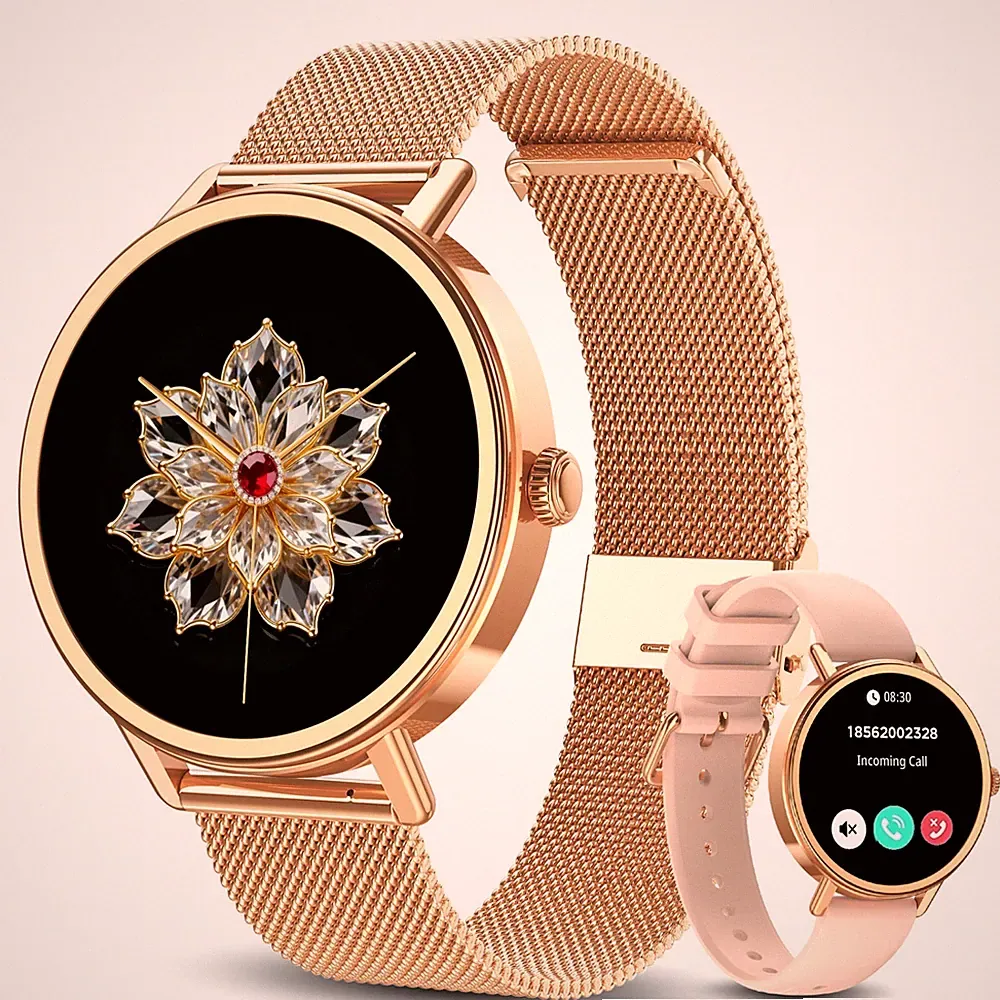 Damen Smartwatch Gold Fitnessuhr Bluetooth Pulsmesser Schrittzähler für Android