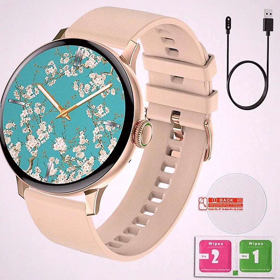 Damen Smartwatch Gold mit Telefonfunktion, Bluetooth 5.0, 1,19" Touchdisplay, Po