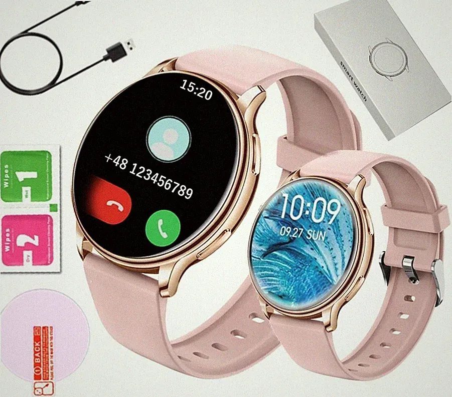 Damen Smartwatch Gold mit Telefonfunktion, Blutdruckmessung, Pulsmesser, Tempera