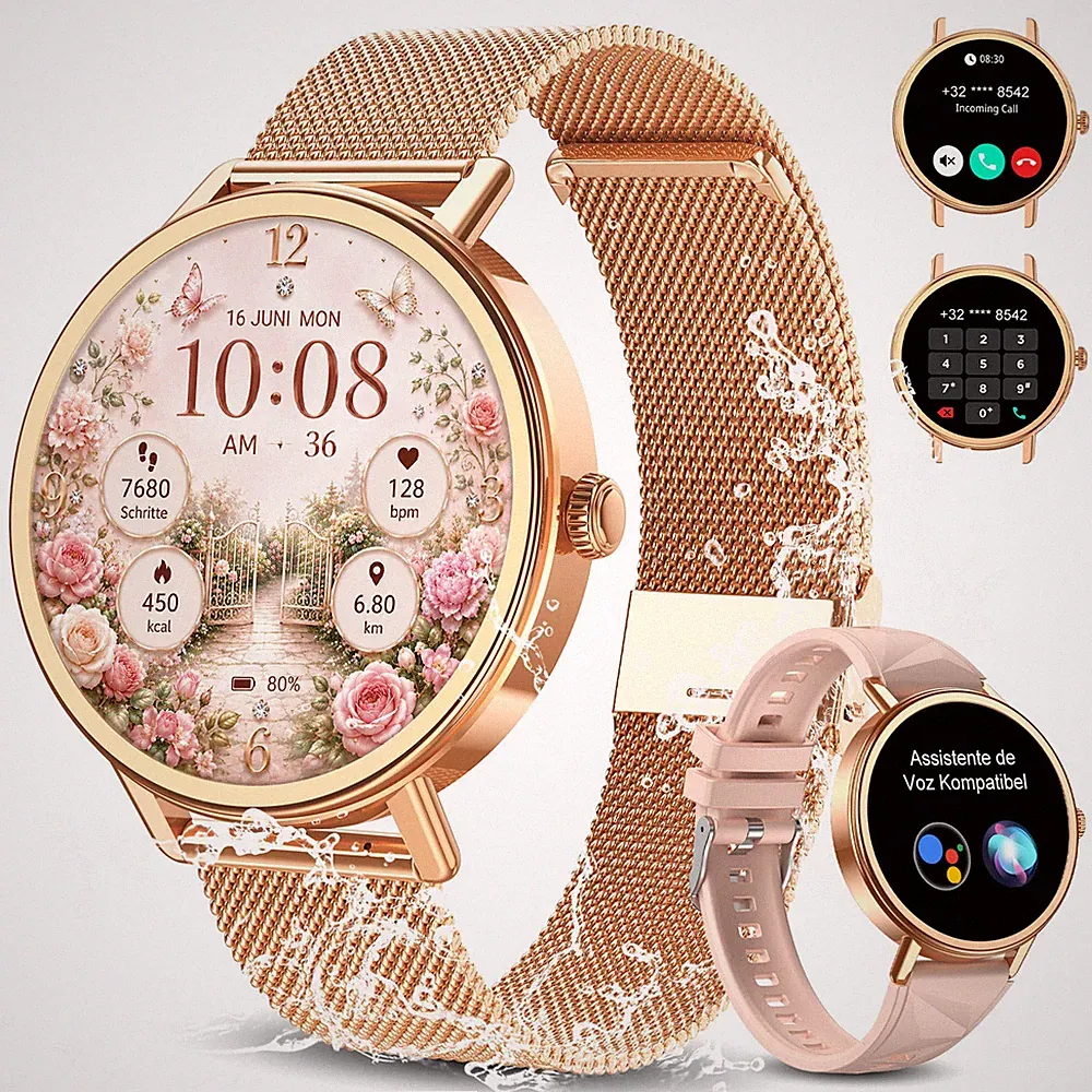 Damen Smartwatch mit Blutdruckmessung, elegante Fitness Uhr AMOLED Sportuhr