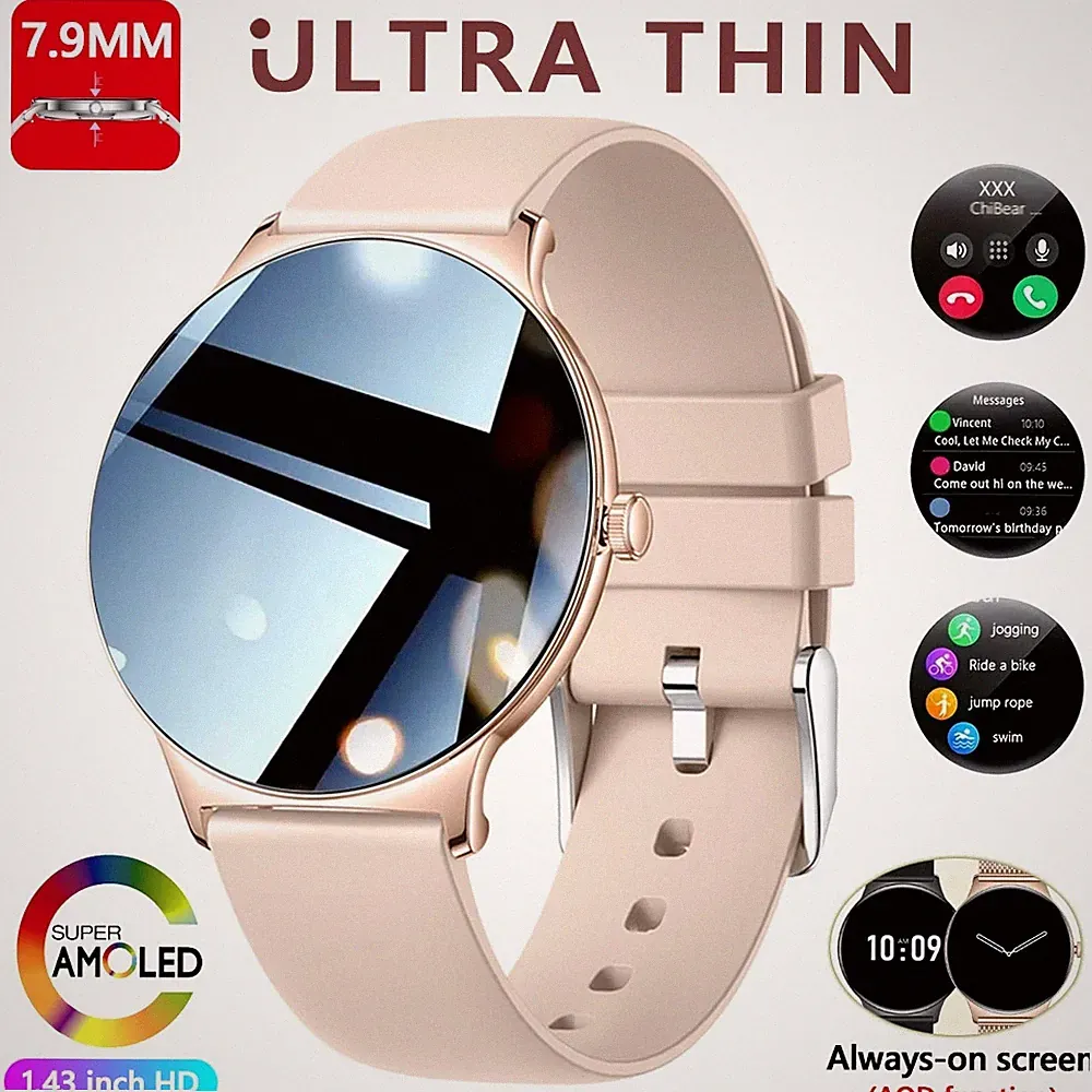 Damen Smartwatch ultradünn mit 143 Zoll AMOLED Display Sportarmband Bluetooth