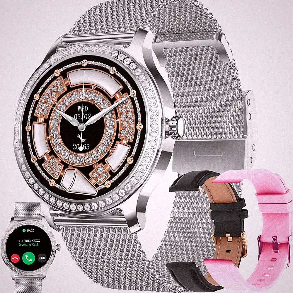 Diamant Smartwatch Damen AMOLED mit 3 Armbändern & Telefonfunktion silber