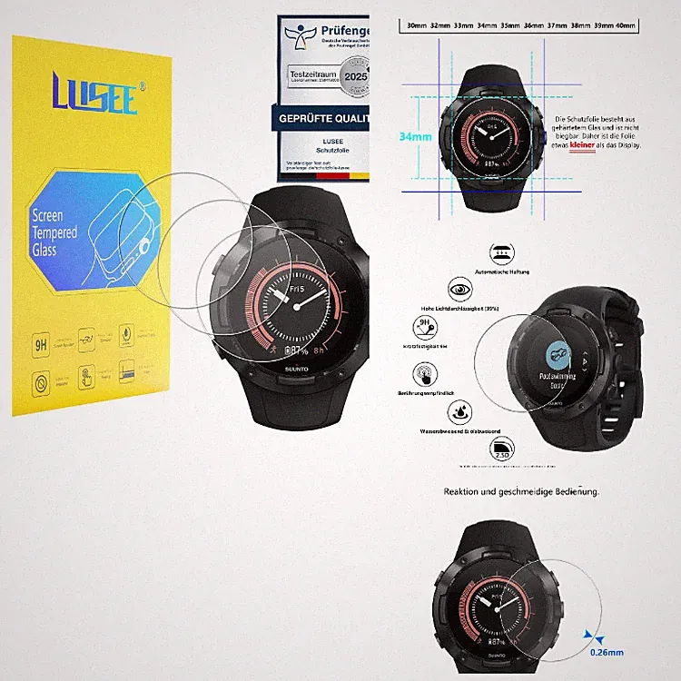 Displayschutzfolie 34 mm für Smartwatch, 3 Stück, 9H Härte, Anti-Kratzer, HD