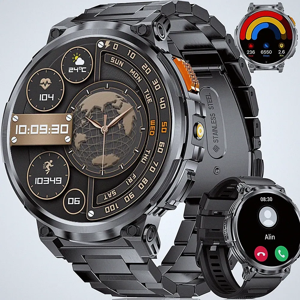 DREMAC Smartwatch Herren-1.85‘’ HD Großes Display/ Sportuhr Herren Taschenlampe