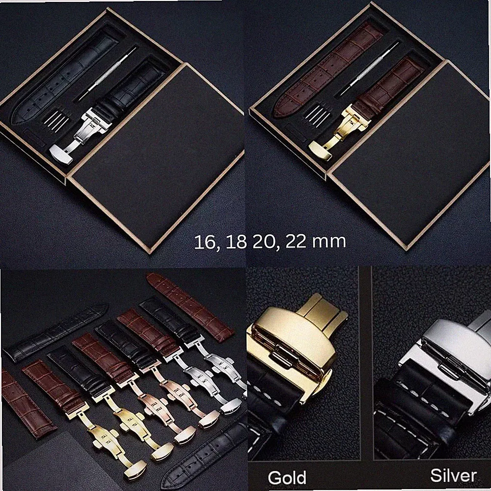 Echtleder Uhrenarmband Armband Universal 16 18 20, 22 mm Butterfly-Faltschließe
