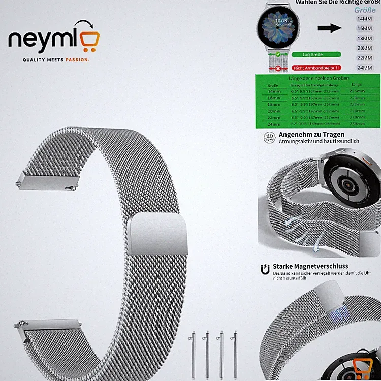 Edelstahl Mesh Uhrenarmband für Smartwatch 22mm mit Magnetverschluss Silber