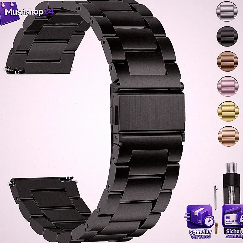 Edelstahlarmband 24mm Schwarz für Smartwatch Metall Uhrenarmband Damen Herren