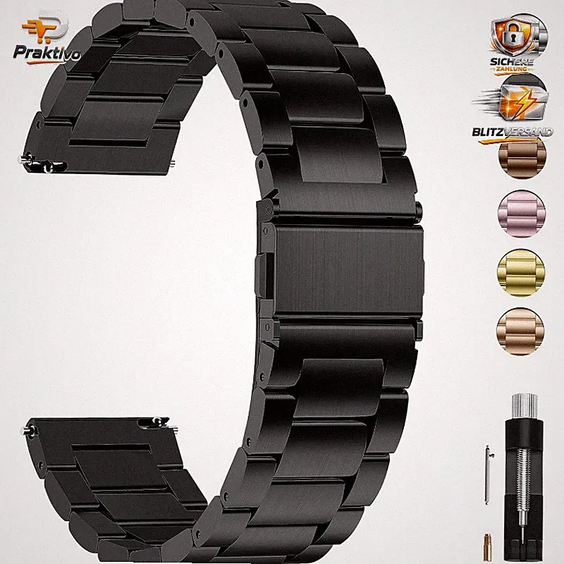 Edelstahlarmband 24mm Schwarz Metall Uhrenarmband für Smartwatch Herren Damen