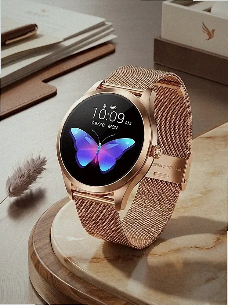 Elegant Smartwatch Damen, Fitness Tracker Rosegold Edelstahl Milanaise-Armband