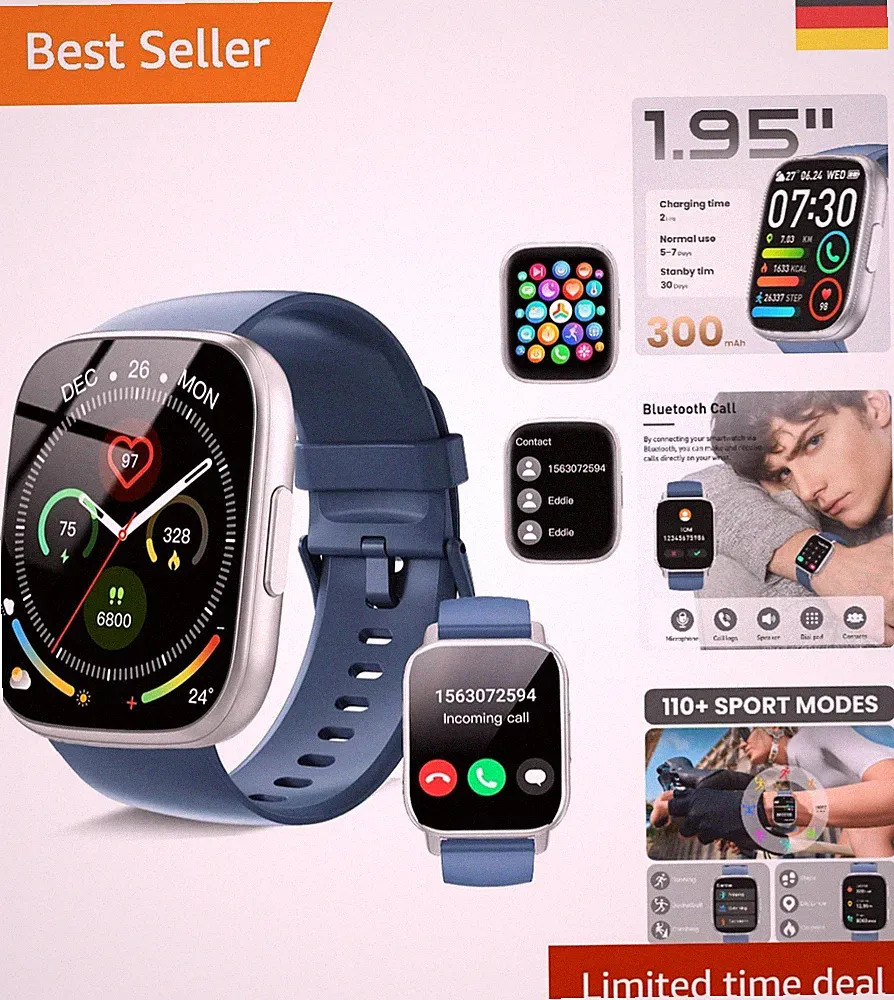 Elegante 1,95" Smartwatch mit Herzfrequenzmonitor, , Blau