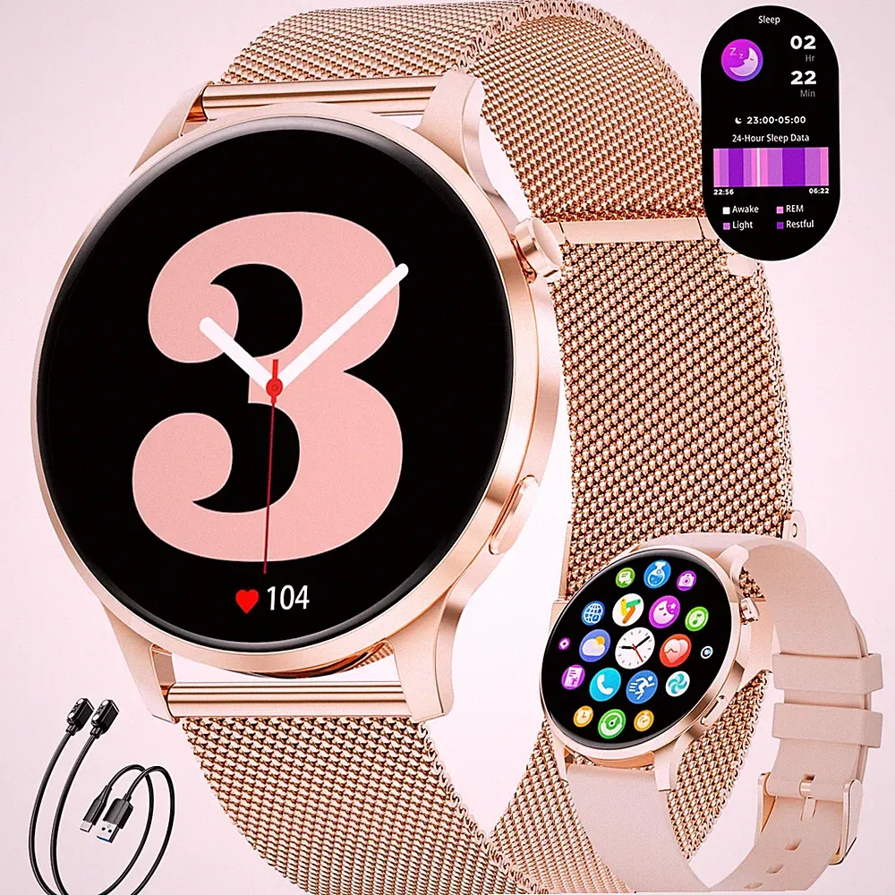 Elegante Damen Smartwatch AMOLED mit Telefon, Alexa & FitnessTracking für iOS