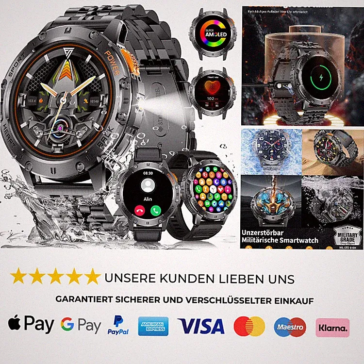 ESFOE Smartwatch Herren 1,43 Zoll AMOLED 5ATM Taschenlam